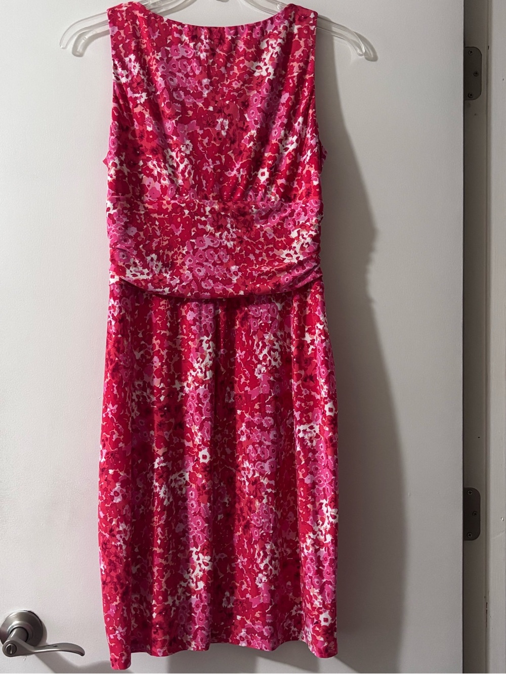 Chaps Red Pink Floral Faux Wrap V-Neck Sleeveless Ruffle Dress Size L - Picture 3 of 7